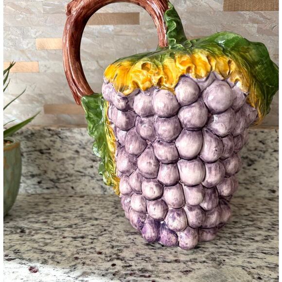 Grapes Pitcher Made in Italy Vintage Marked Grape Vine Handle Purple Brown - Picture 8 of 8